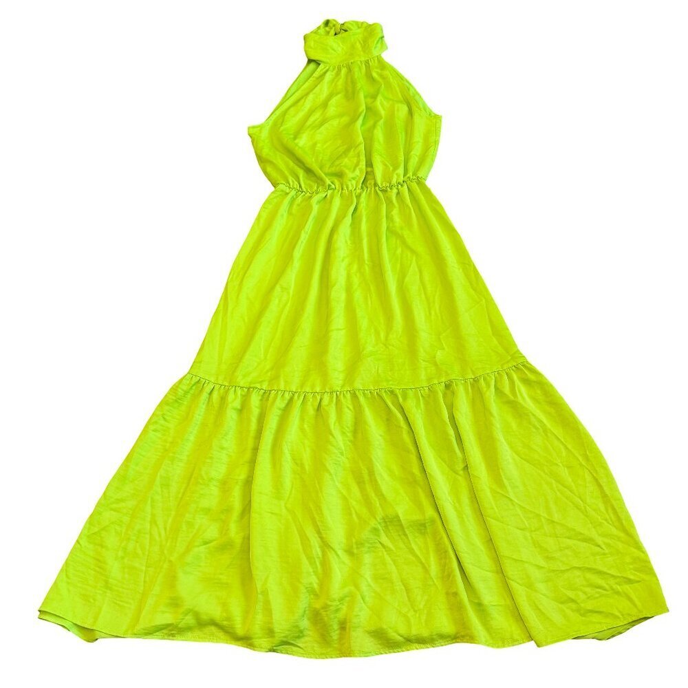 Scoop Midi Length Halter Dress Bright Green Tie Neck Flattering Comfort Sz Small